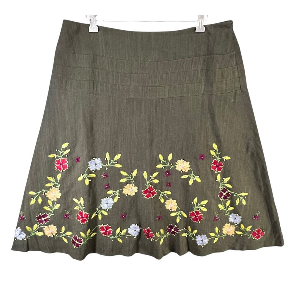 Due Per Due  A Line Skirt 12 Olive Green‎ Linen Blend Embroidered Beaded Cottage